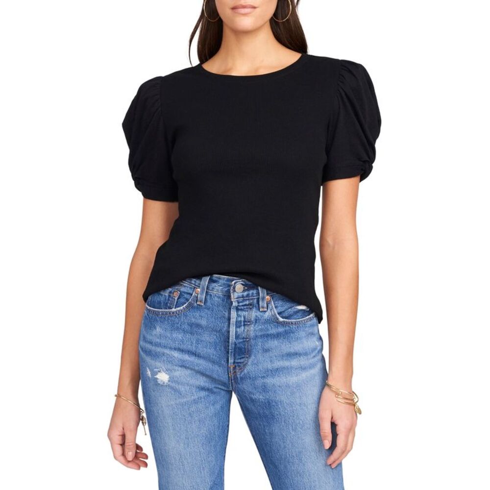 DOLAN Womens Black Textured Ribbed Neckline Short Sleeve T-Shirt S